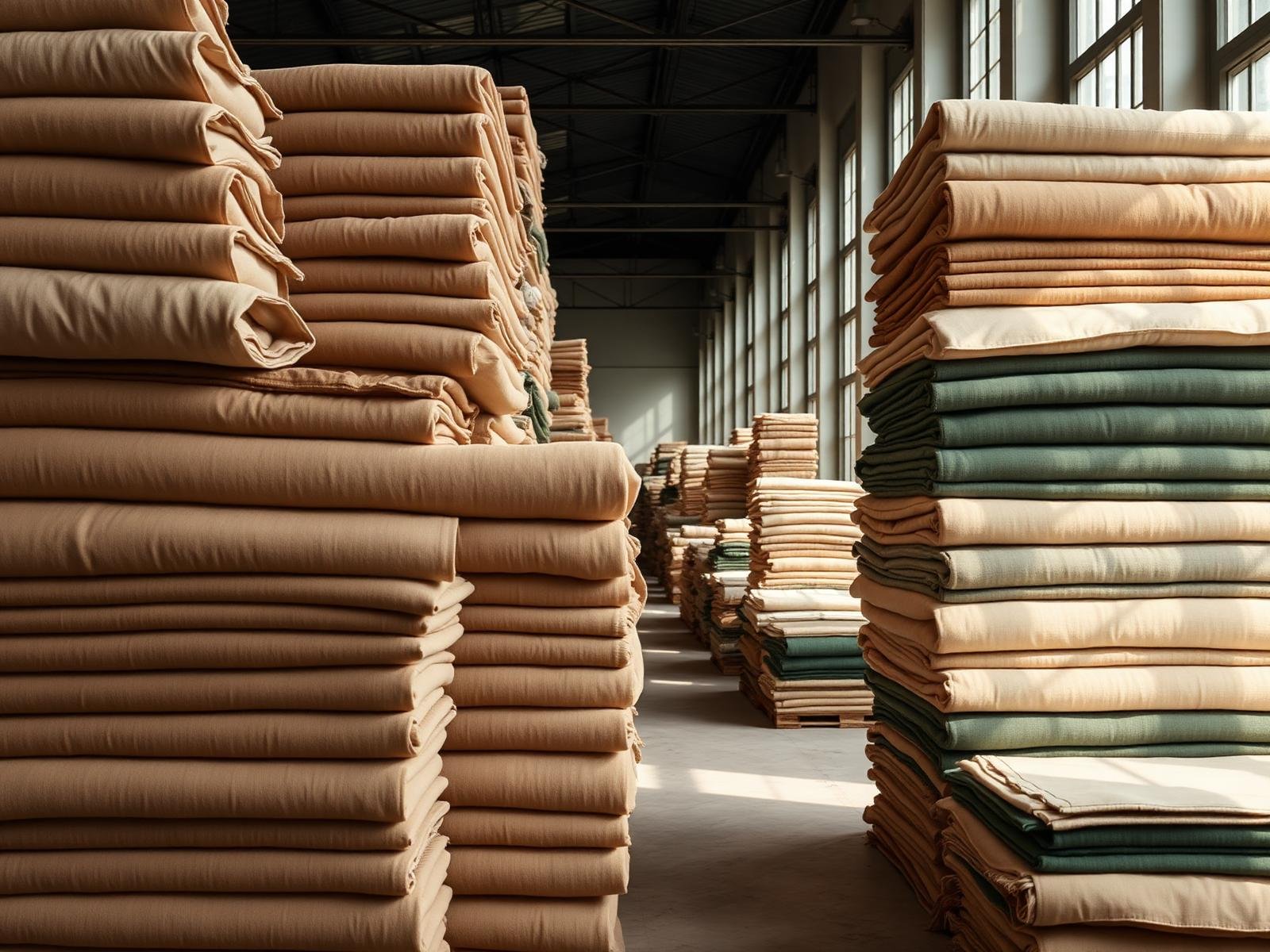 Stacks of Turkish textiles in a sunlit warehouse