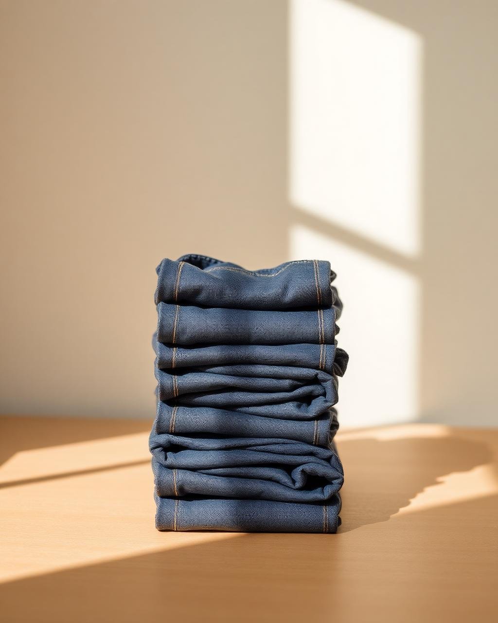 Stack of folded raw selvedge denim jeans
