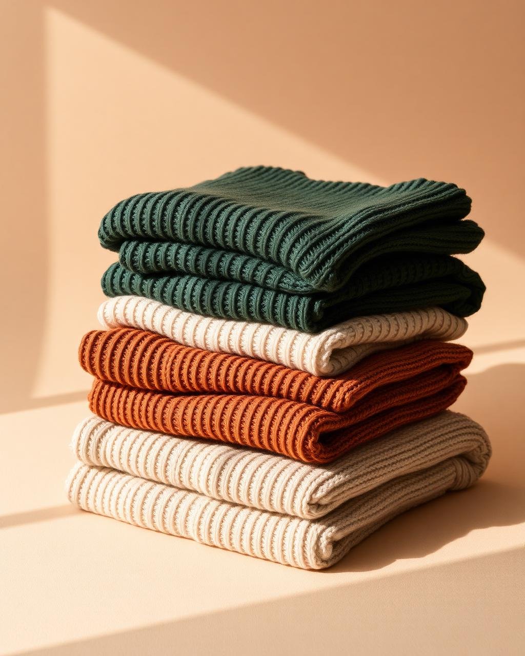 Stack of ribbed wool knitwear in earth tones