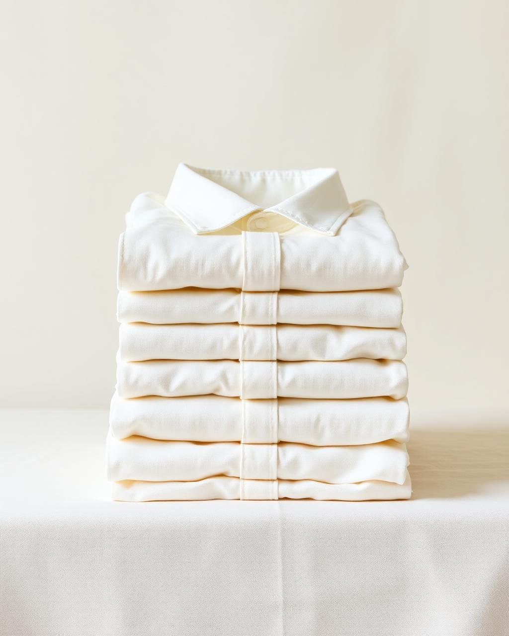 Stack of folded off-white linen shirts