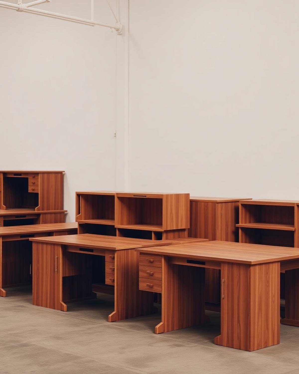Pre-owned wood veneer office desks in storage