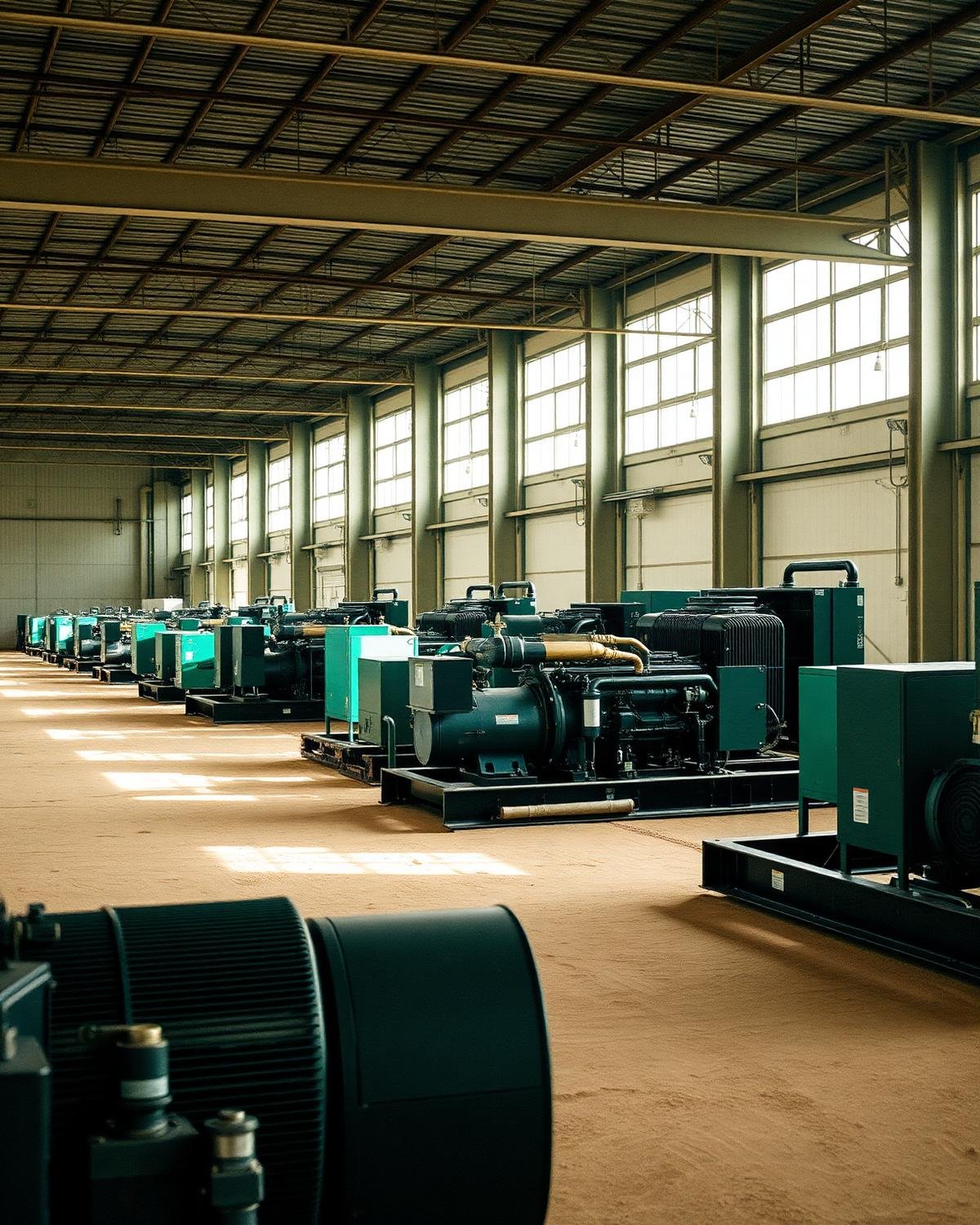 Used diesel generator sets in a warehouse