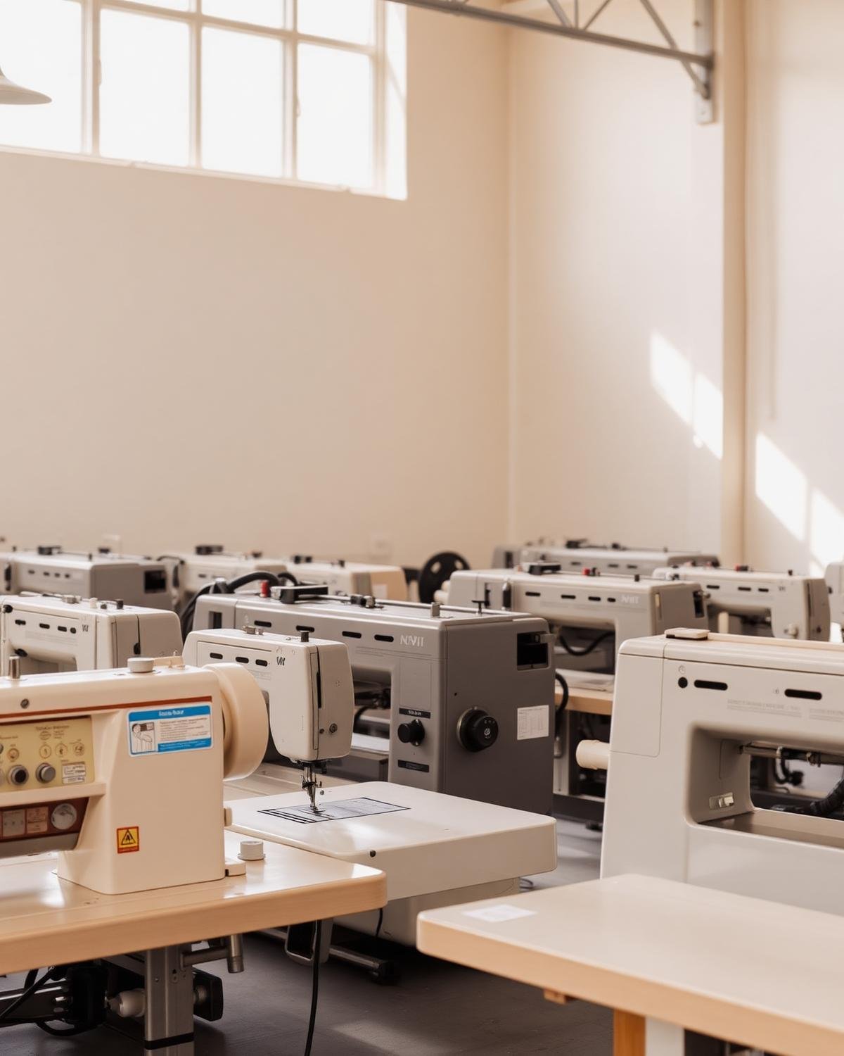 Rows of used industrial sewing machines
